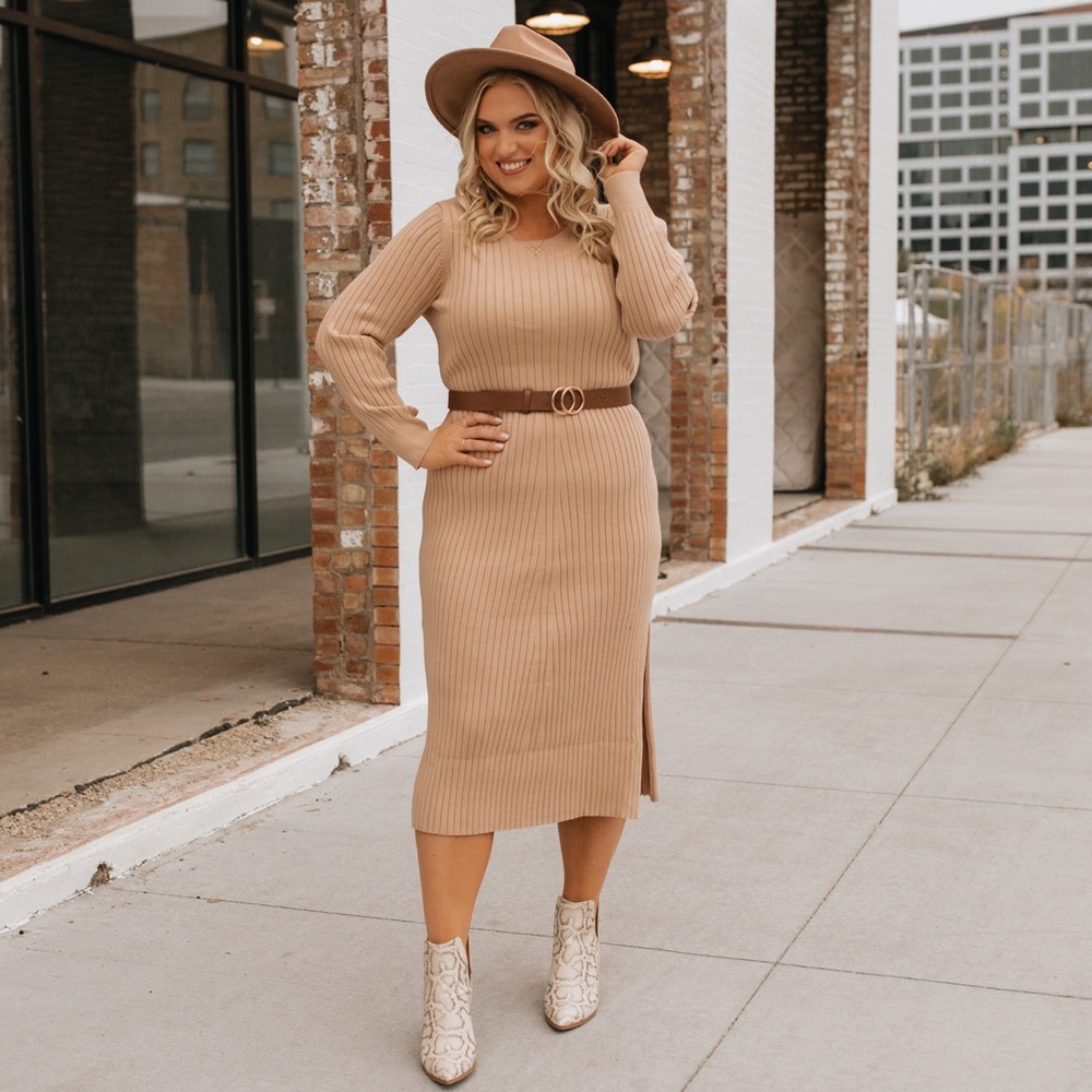 WAYF camel sweater dress